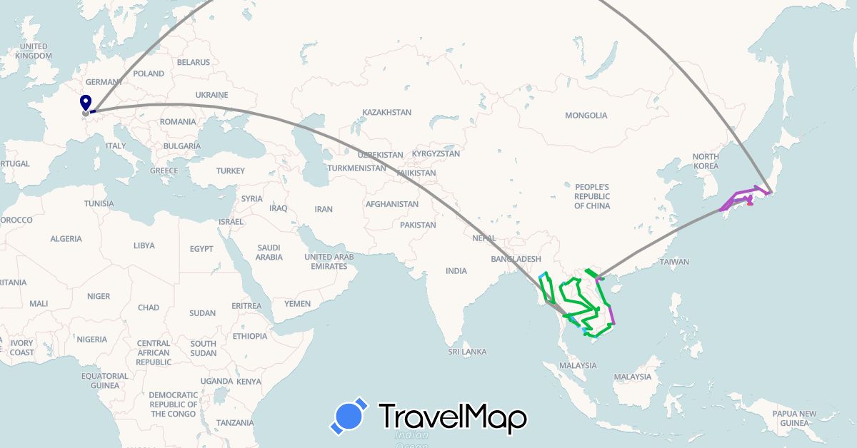 TravelMap itinerary: driving, bus, plane, cycling, train, hiking, boat in Switzerland, Japan, Cambodia, Laos, Myanmar (Burma), Thailand, Vietnam (Asia, Europe)